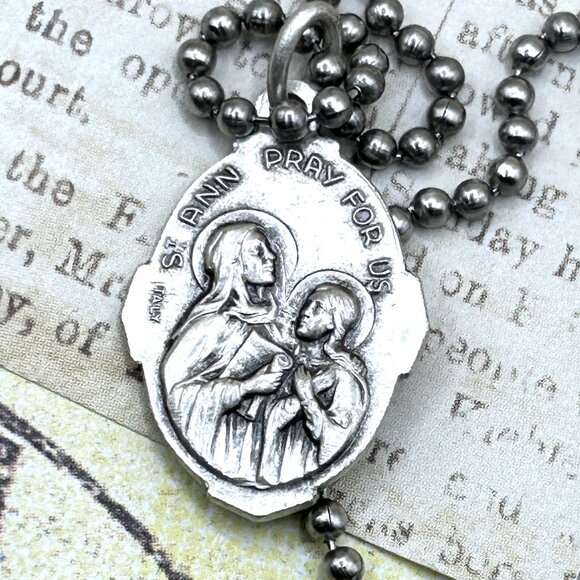 Vintage Saints Dominic and Ann Religious Medal Charm Pendant Long Chain Necklace - Picture 11 of 13